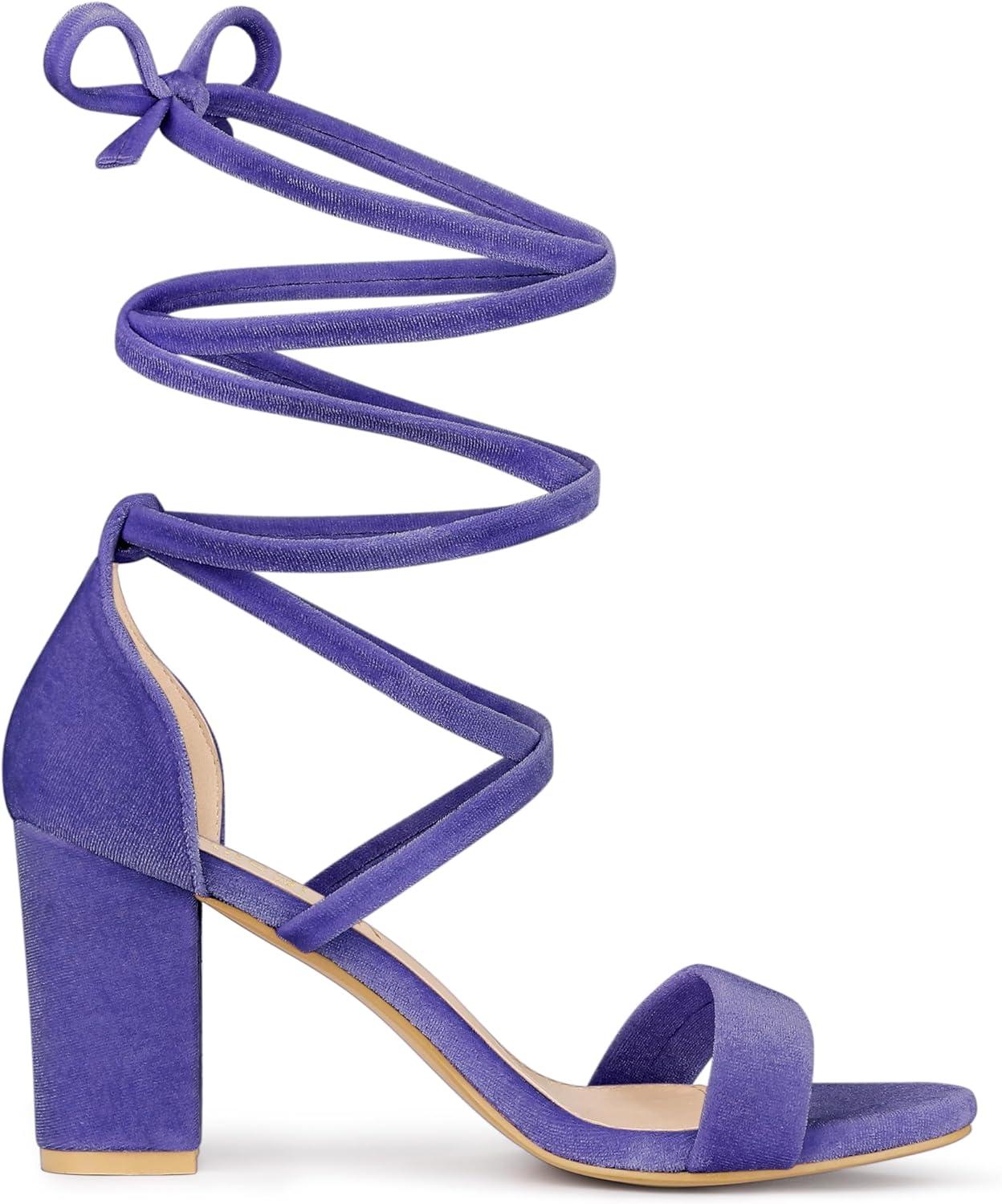 imageAllegra K Womens Faux Velvet Lace Up Chunky Heel Strappy SandalsPurple