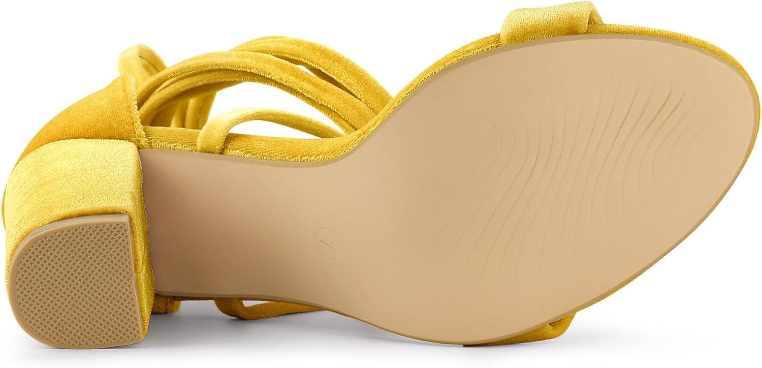 imageAllegra K Womens Faux Velvet Lace Up Chunky Heel Strappy SandalsYellow