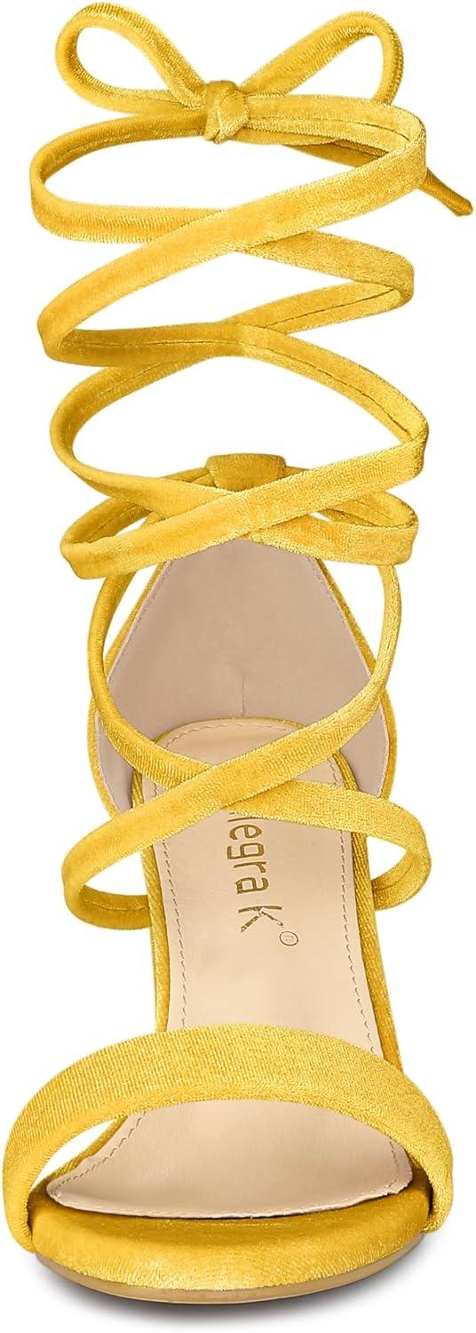 imageAllegra K Womens Faux Velvet Lace Up Chunky Heel Strappy SandalsYellow