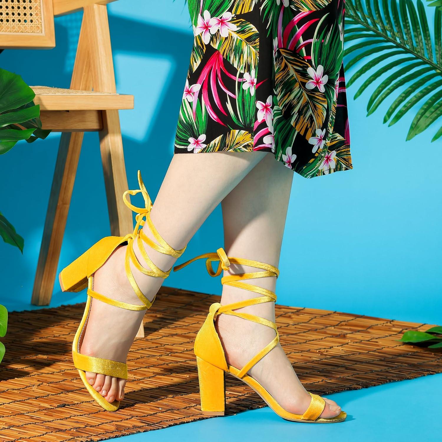 imageAllegra K Womens Faux Velvet Lace Up Chunky Heel Strappy SandalsYellow