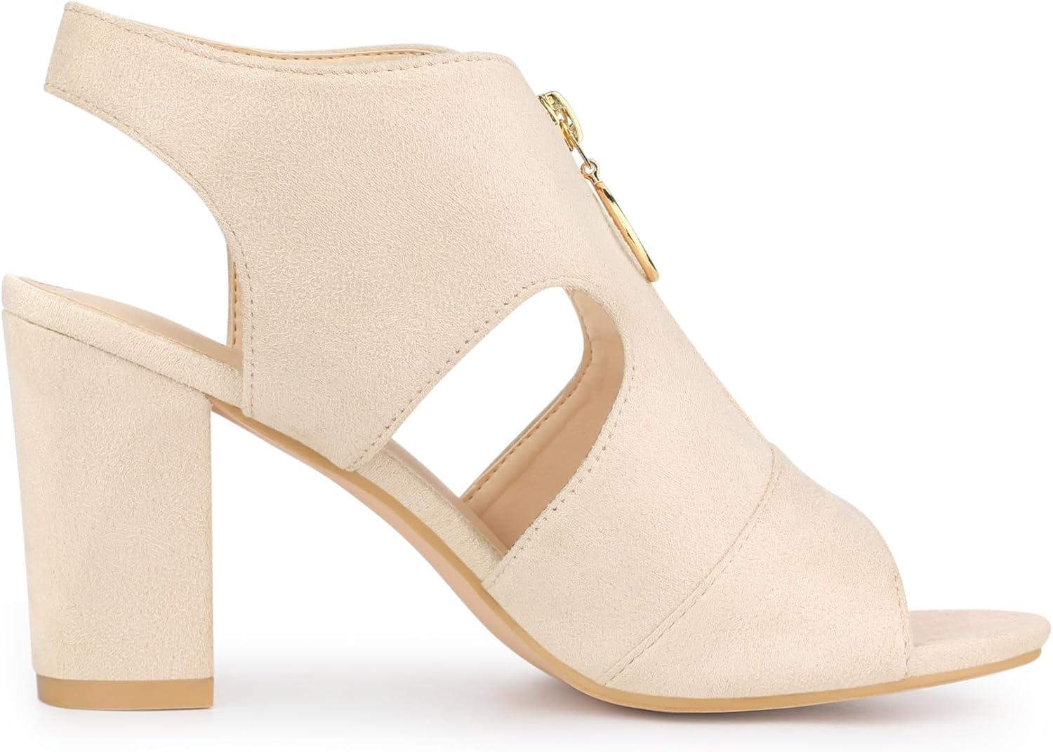 imageAllegra K Womens Front Zip Cut Out Chunky Heels Slingback Gladiator Heel SandalsBeige