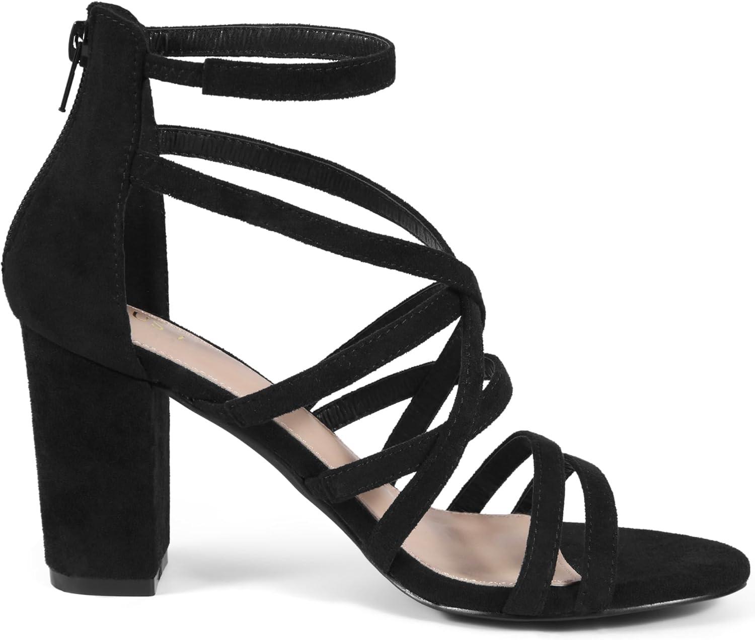 imageAllegra K Womens Gladiator Heels Strappy Back Zip Chunky Heel SandalsBlack