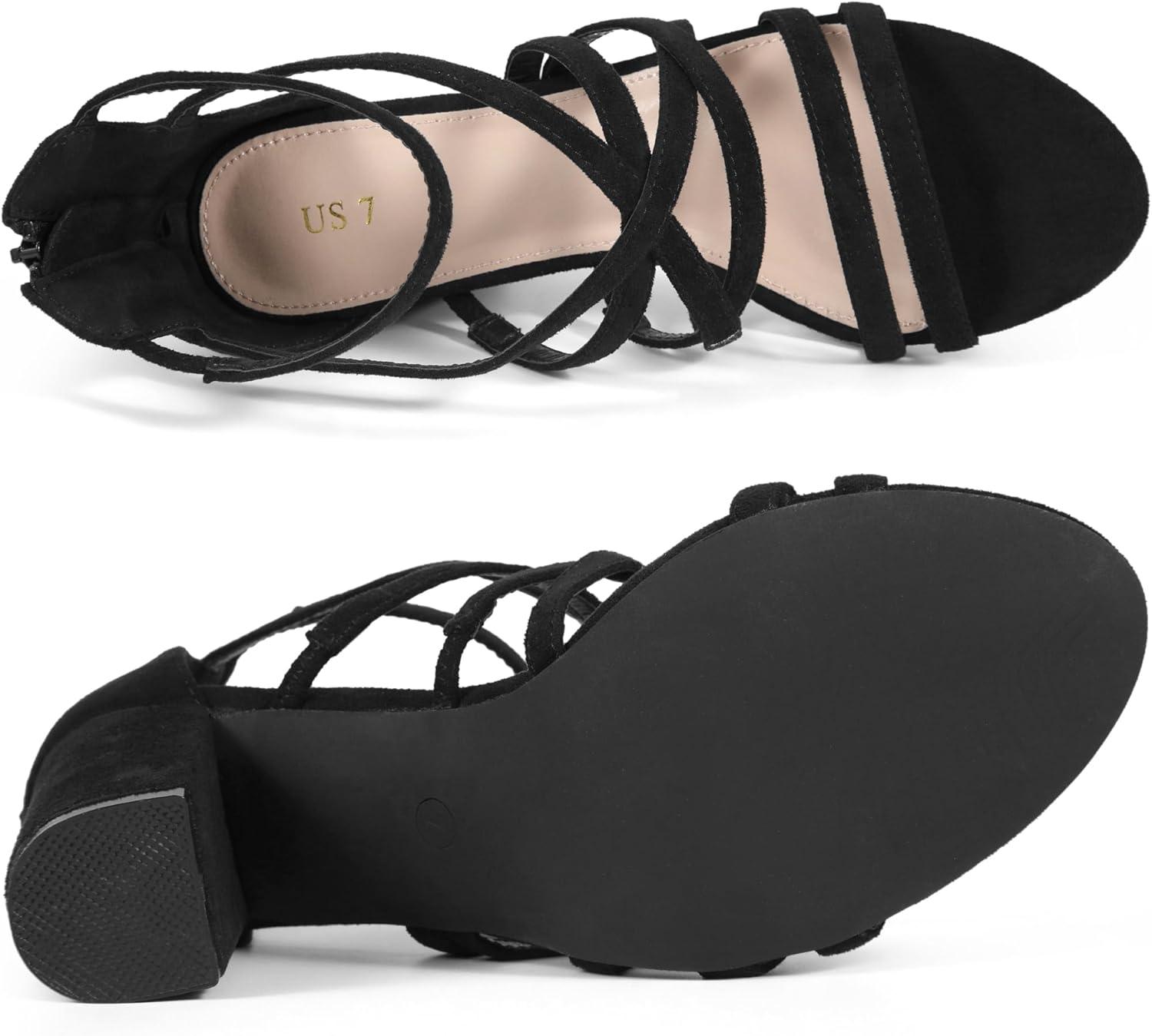 imageAllegra K Womens Gladiator Heels Strappy Back Zip Chunky Heel SandalsBlack