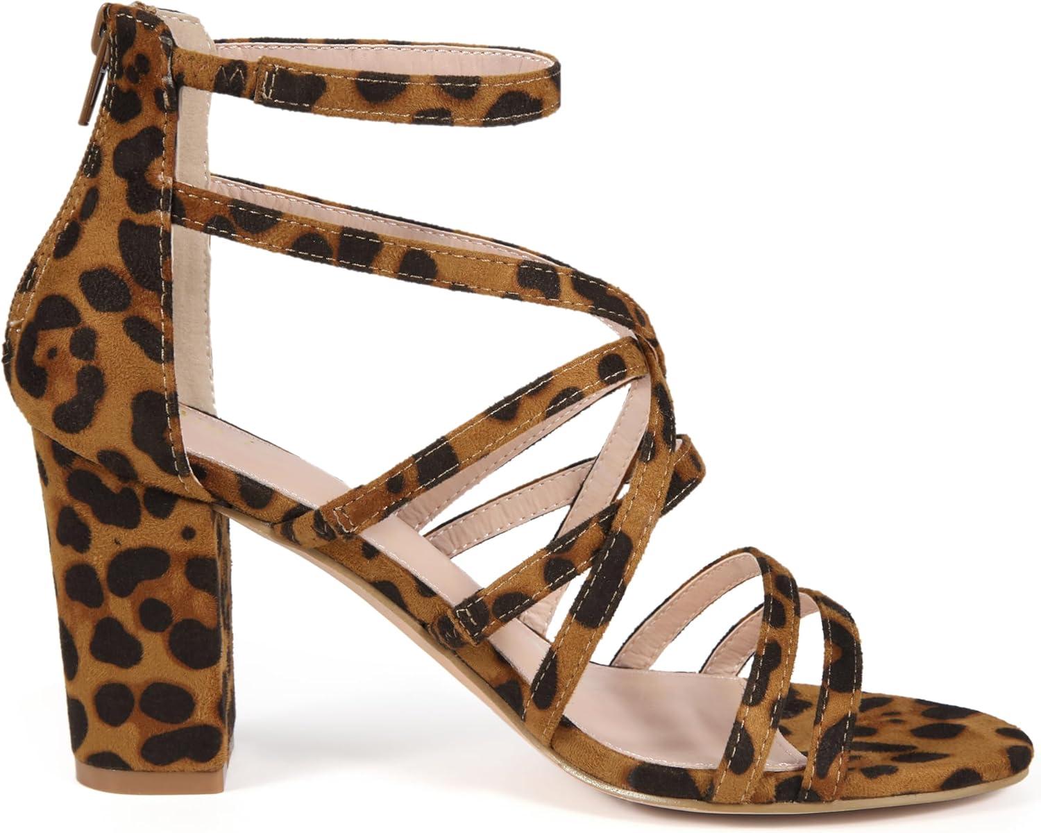 imageAllegra K Womens Gladiator Heels Strappy Back Zip Chunky Heel SandalsLeopard