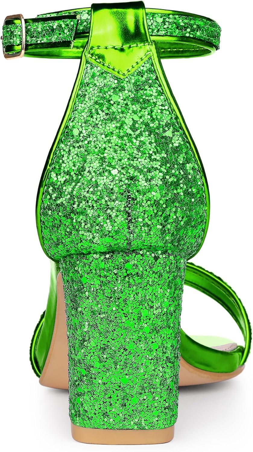 imageAllegra K Womens Glitter Ankle Strap Chunky Heeled SandalsBright Green