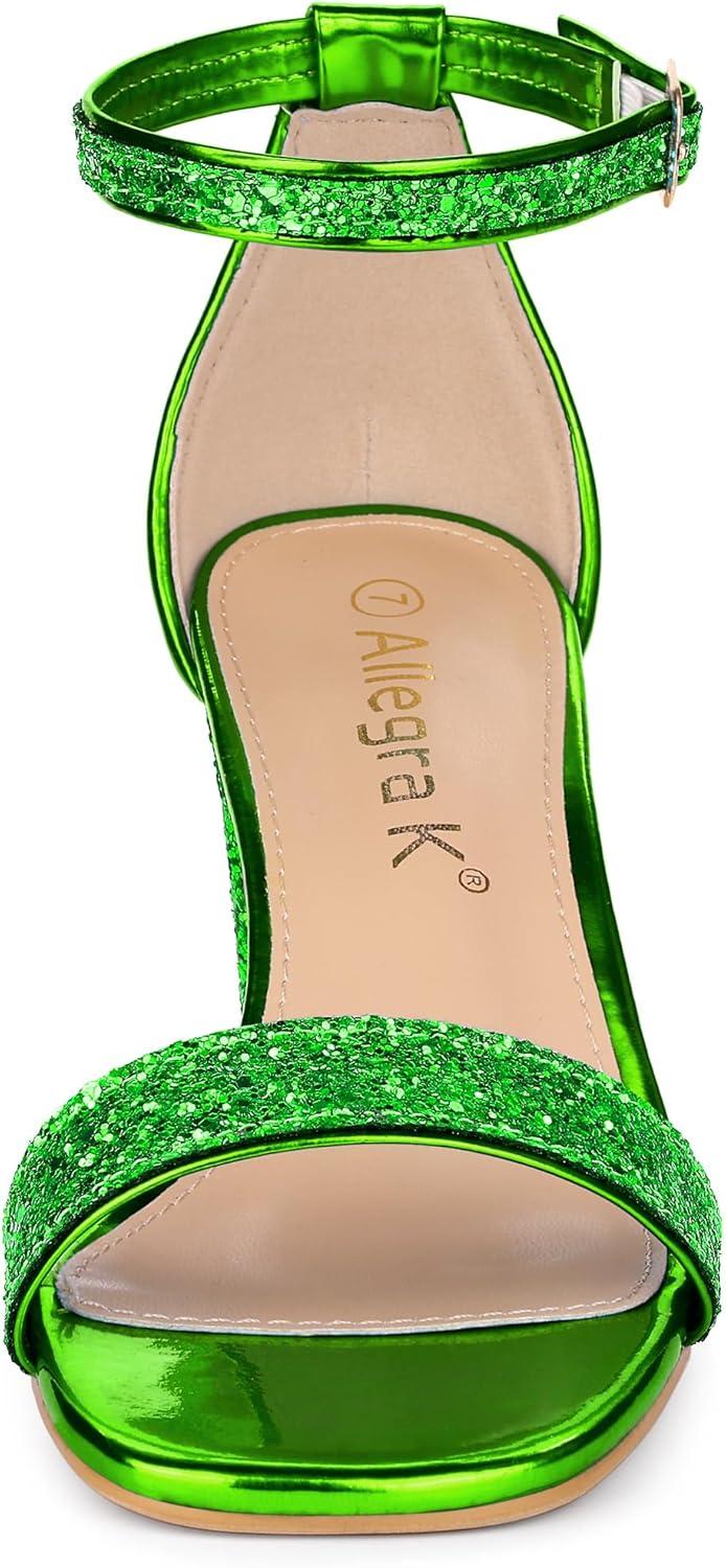 imageAllegra K Womens Glitter Ankle Strap Chunky Heeled SandalsBright Green