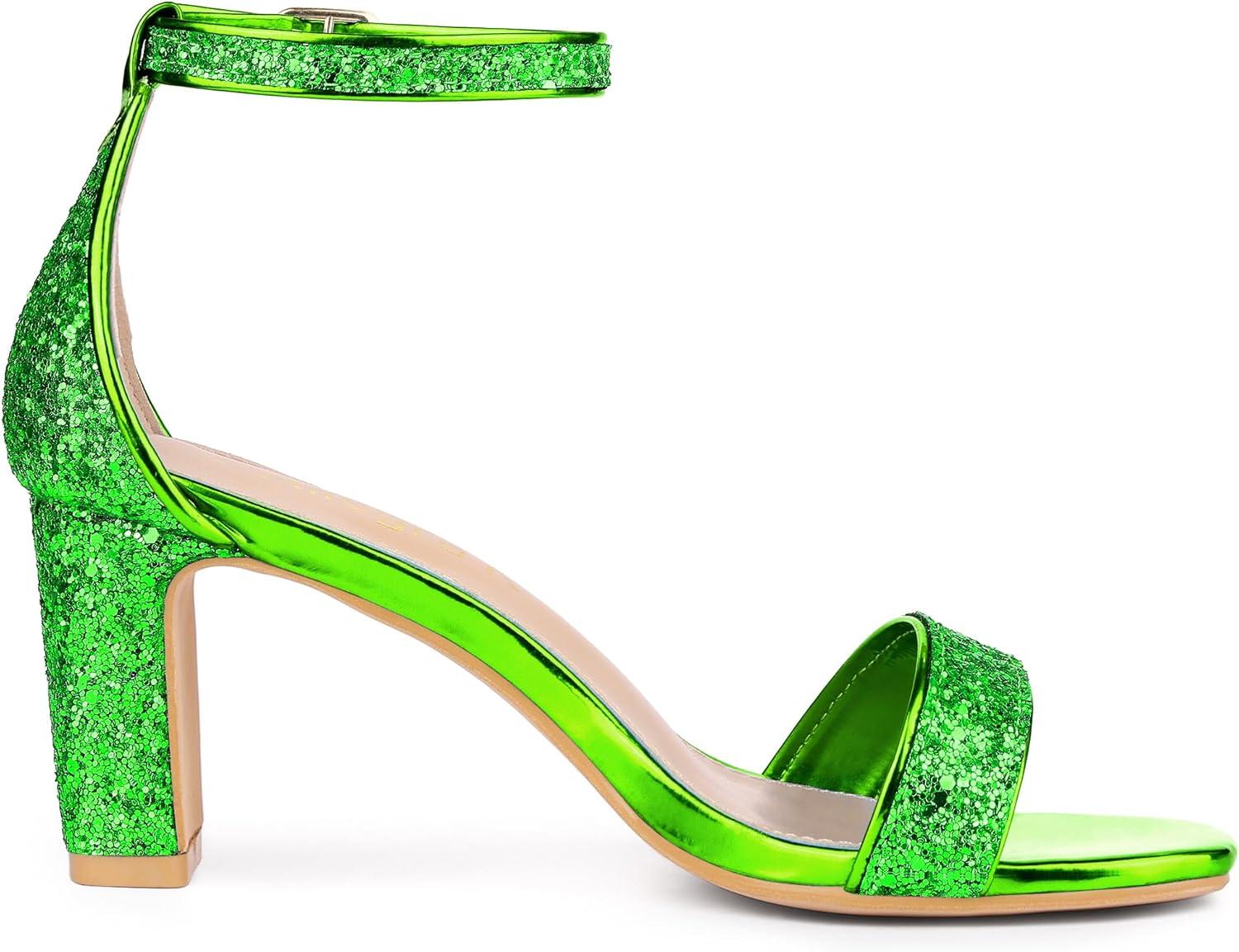 imageAllegra K Womens Glitter Ankle Strap Chunky Heeled SandalsBright Green