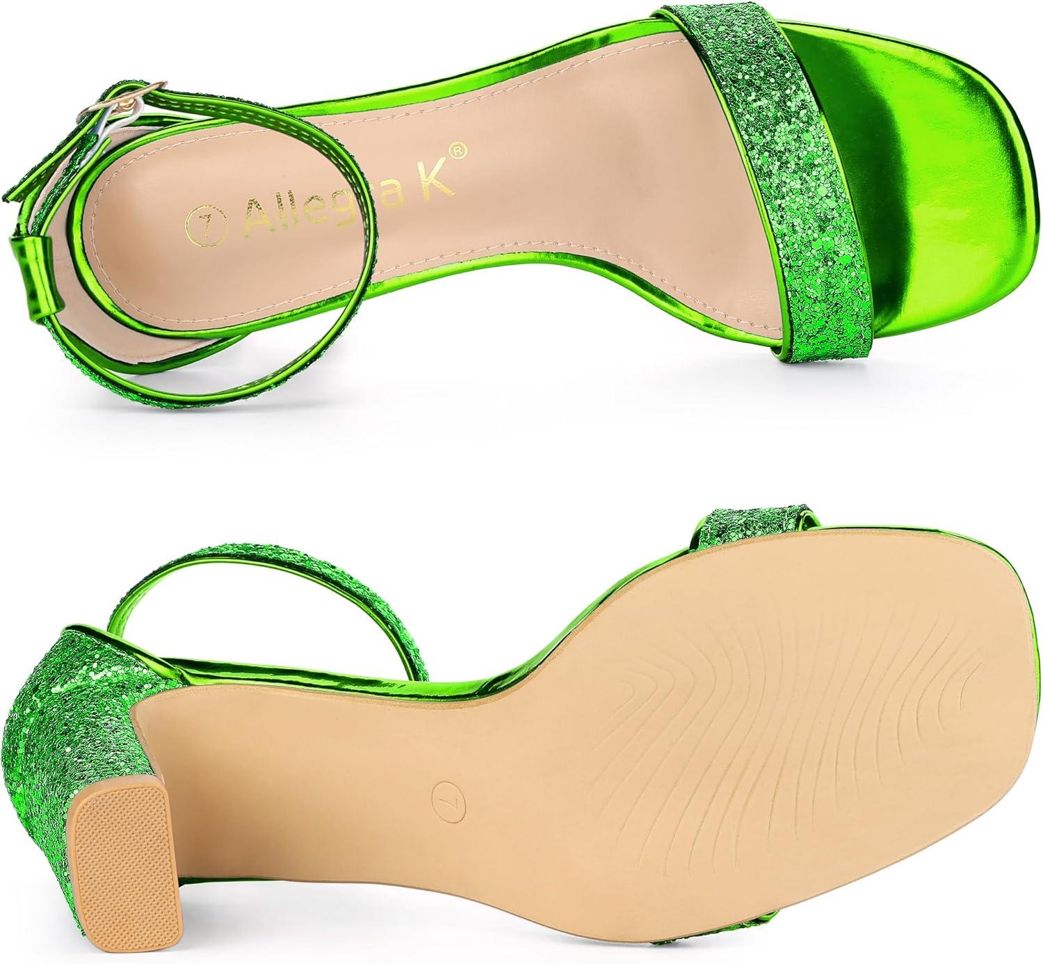 imageAllegra K Womens Glitter Ankle Strap Chunky Heeled SandalsBright Green