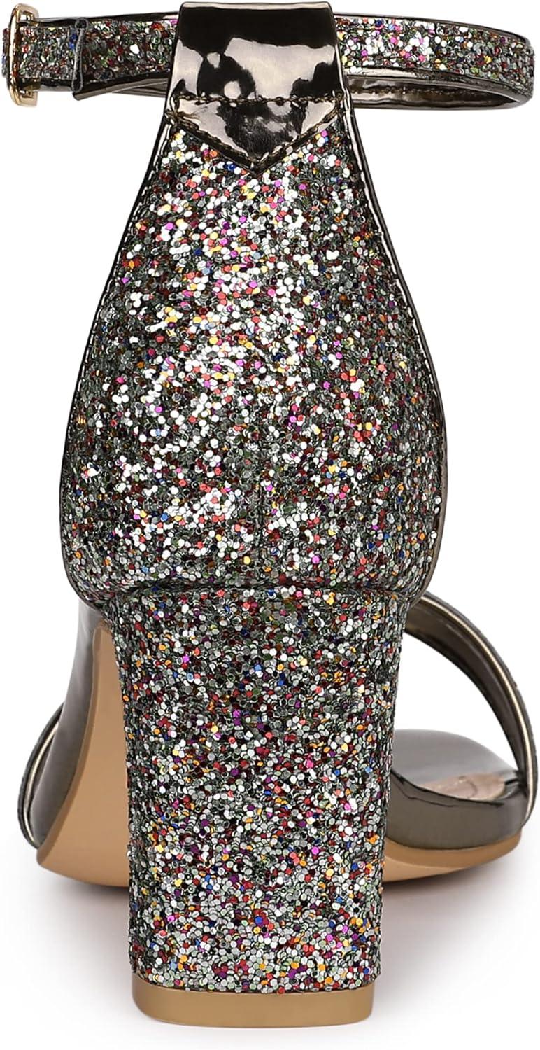 imageAllegra K Womens Glitter Ankle Strap Chunky Heeled SandalsColorful Silver