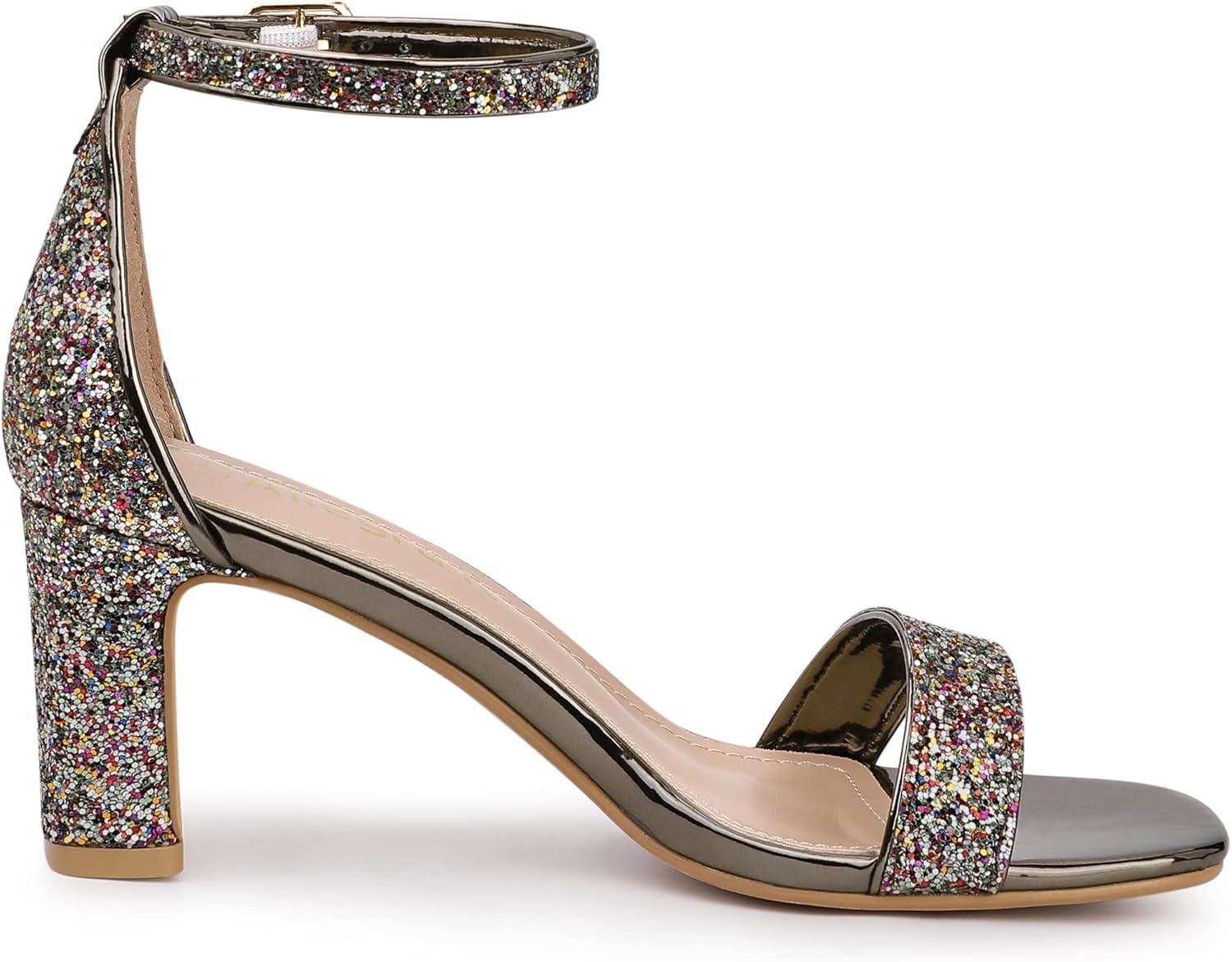 imageAllegra K Womens Glitter Ankle Strap Chunky Heeled SandalsColorful Silver