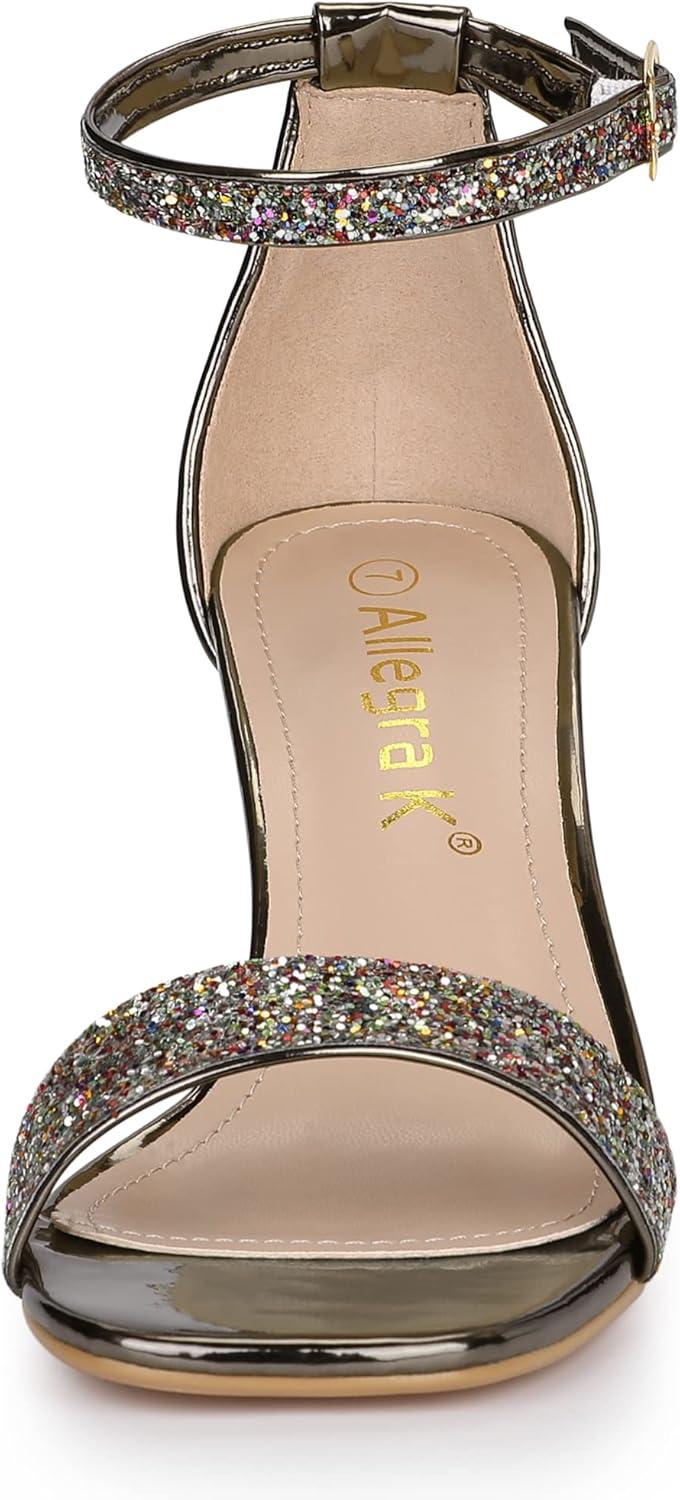 imageAllegra K Womens Glitter Ankle Strap Chunky Heeled SandalsColorful Silver