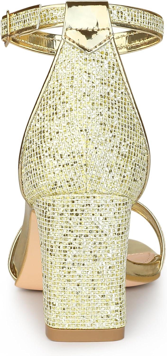 imageAllegra K Womens Glitter Ankle Strap Chunky Heeled SandalsGold