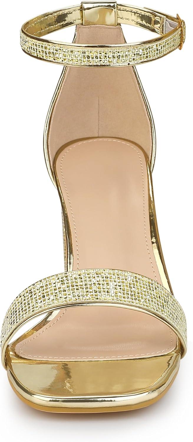 imageAllegra K Womens Glitter Ankle Strap Chunky Heeled SandalsGold