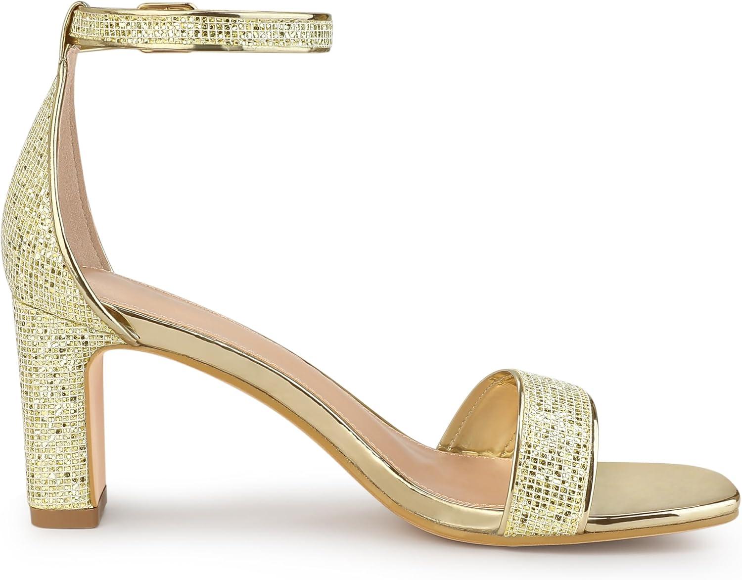 imageAllegra K Womens Glitter Ankle Strap Chunky Heeled SandalsGold