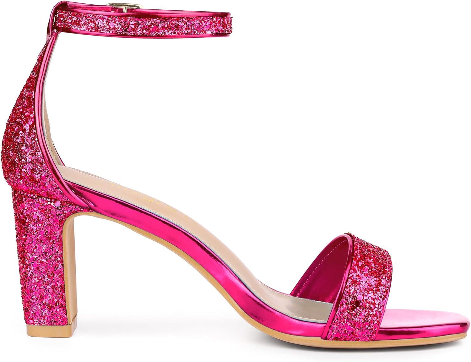 imageAllegra K Womens Glitter Ankle Strap Chunky Heeled SandalsHot Pink