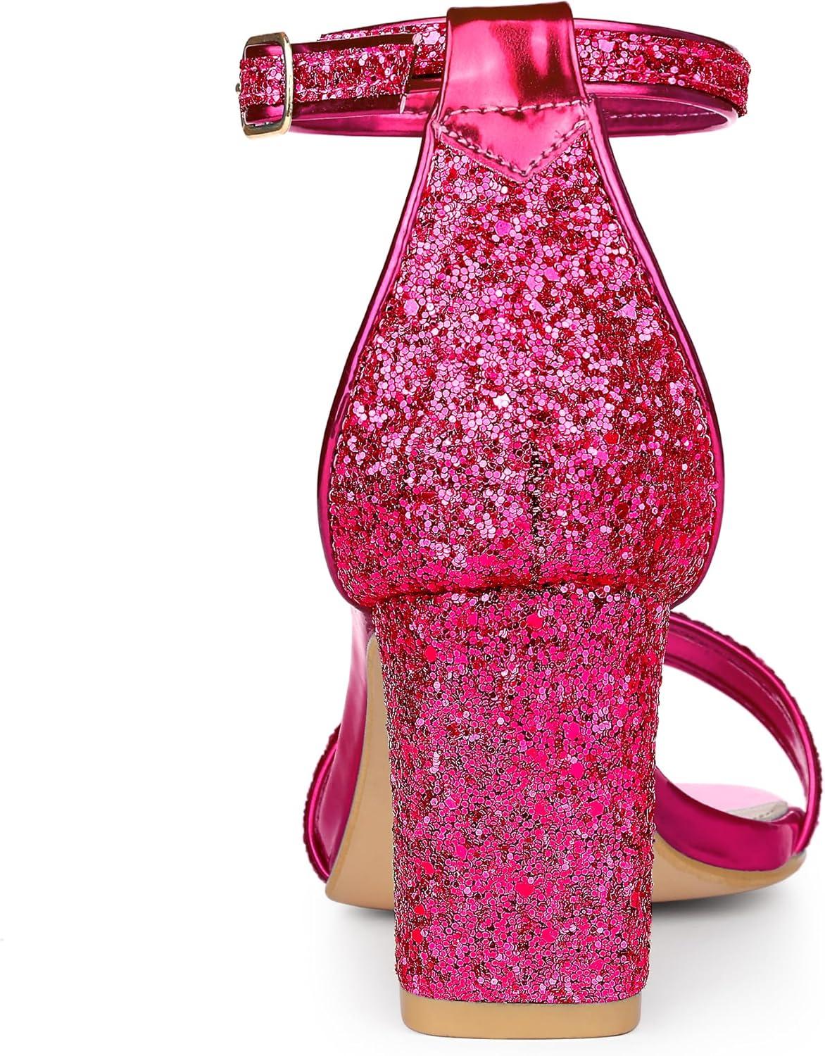 imageAllegra K Womens Glitter Ankle Strap Chunky Heeled SandalsHot Pink