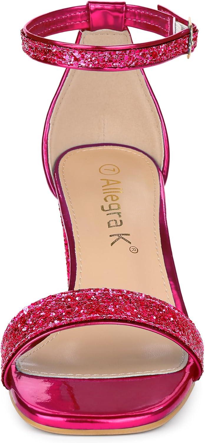 imageAllegra K Womens Glitter Ankle Strap Chunky Heeled SandalsHot Pink