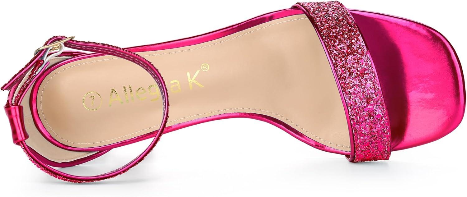 imageAllegra K Womens Glitter Ankle Strap Chunky Heeled SandalsHot Pink