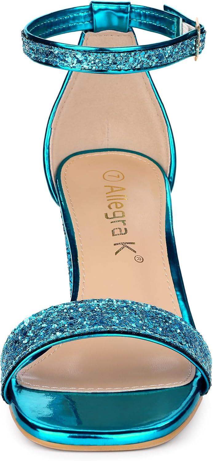 imageAllegra K Womens Glitter Ankle Strap Chunky Heeled SandalsLake Blue