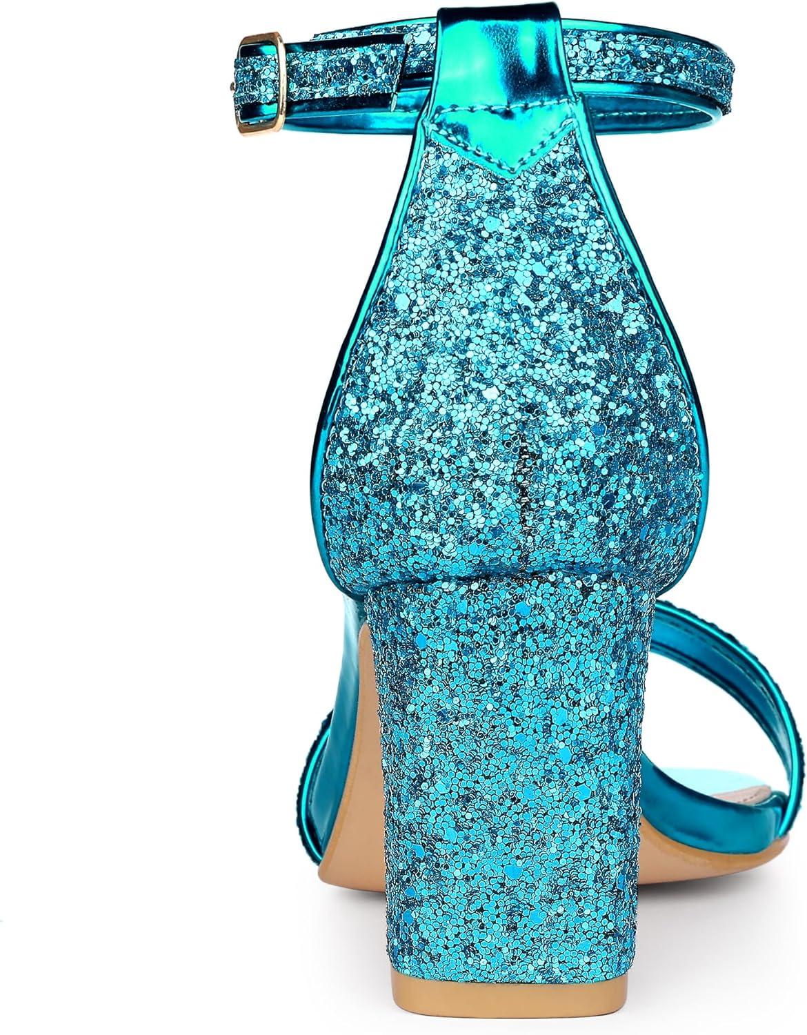 imageAllegra K Womens Glitter Ankle Strap Chunky Heeled SandalsLake Blue