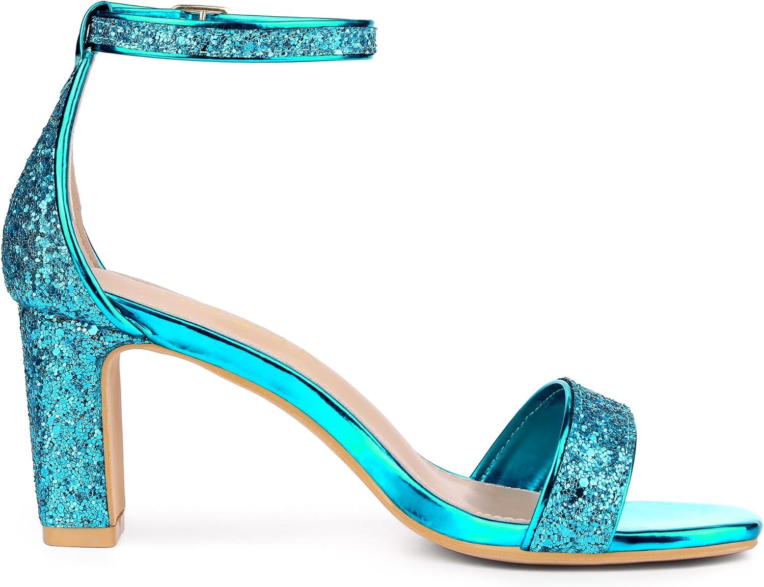 imageAllegra K Womens Glitter Ankle Strap Chunky Heeled SandalsLake Blue