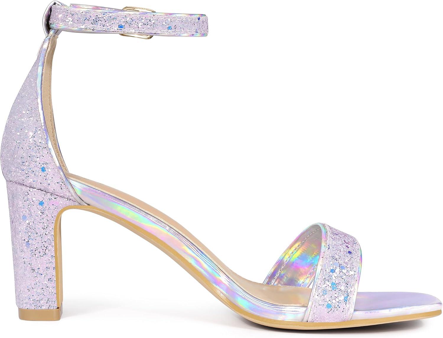 imageAllegra K Womens Glitter Ankle Strap Chunky Heeled SandalsLight Purple