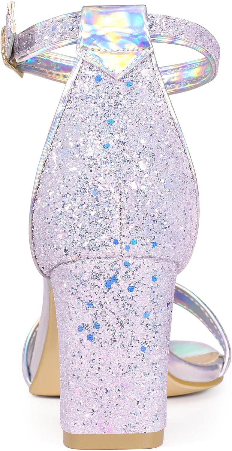 imageAllegra K Womens Glitter Ankle Strap Chunky Heeled SandalsLight Purple