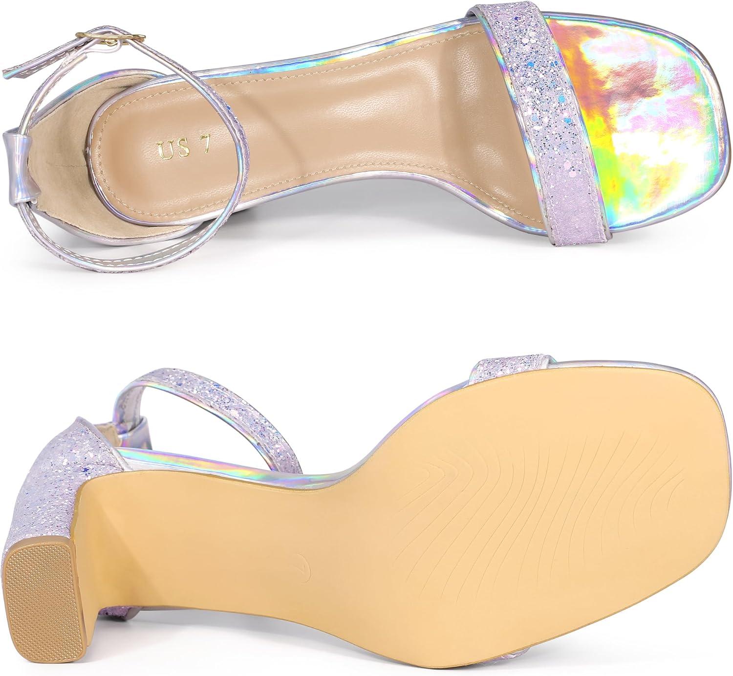 imageAllegra K Womens Glitter Ankle Strap Chunky Heeled SandalsLight Purple