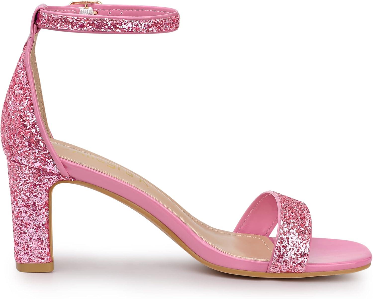 imageAllegra K Womens Glitter Ankle Strap Chunky Heeled SandalsPink