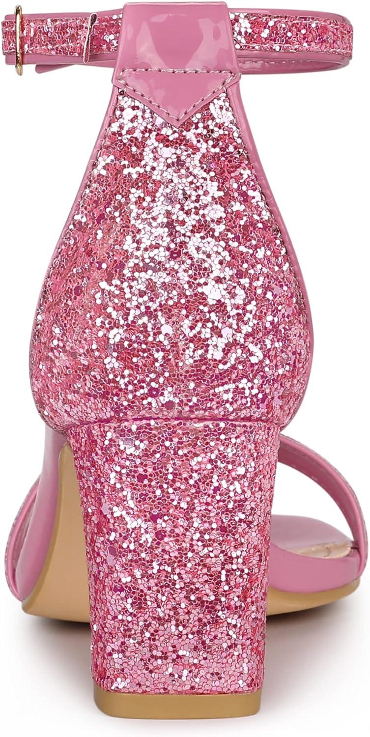 imageAllegra K Womens Glitter Ankle Strap Chunky Heeled SandalsPink