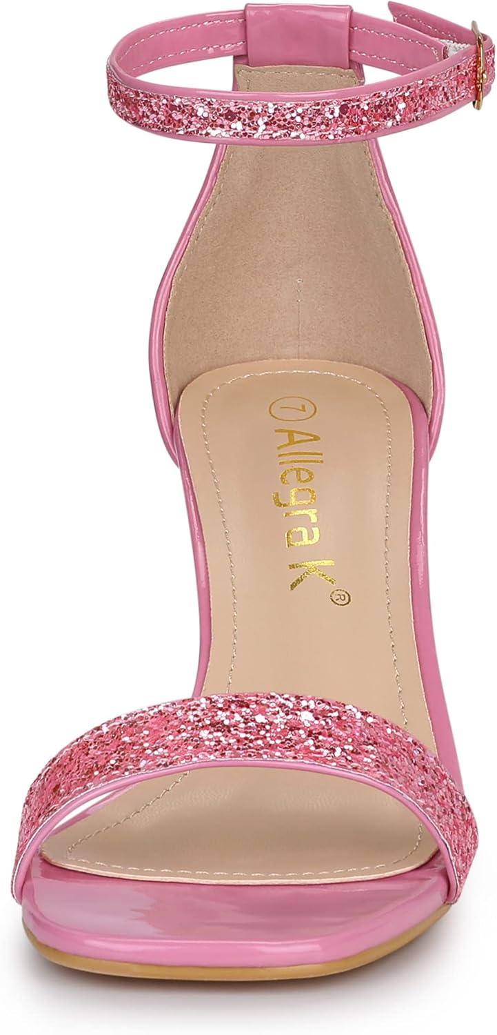 imageAllegra K Womens Glitter Ankle Strap Chunky Heeled SandalsPink