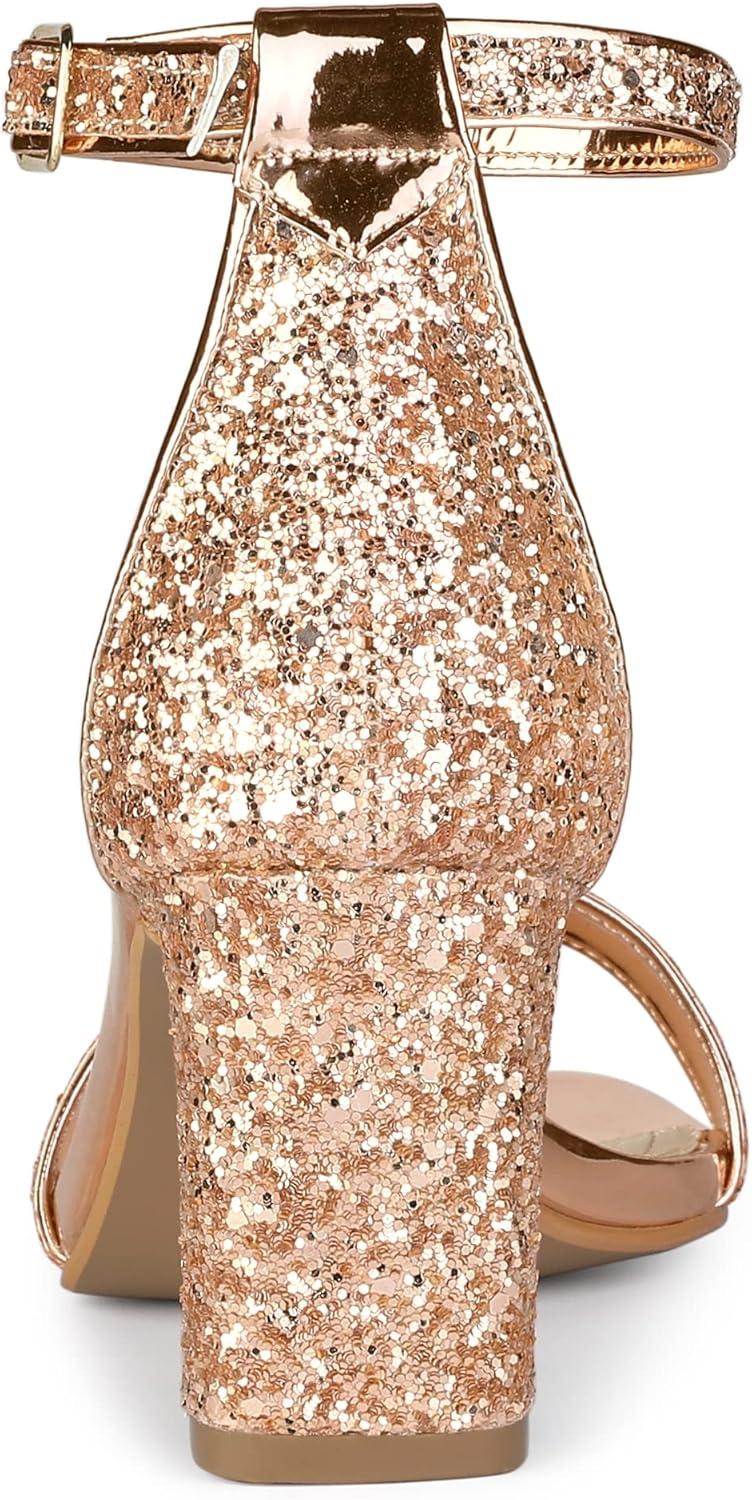 imageAllegra K Womens Glitter Ankle Strap Chunky Heeled SandalsRose Gold