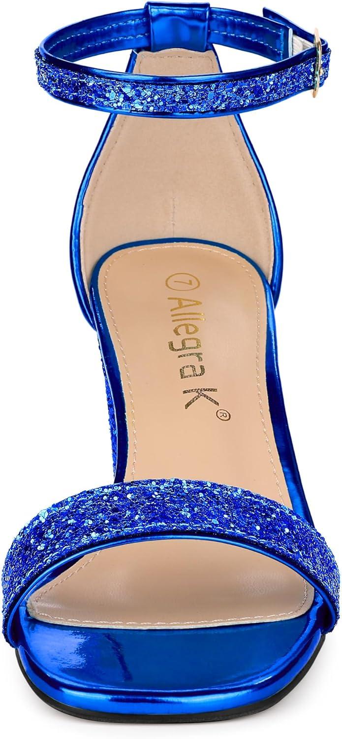 imageAllegra K Womens Glitter Ankle Strap Chunky Heeled SandalsRoyal Blue