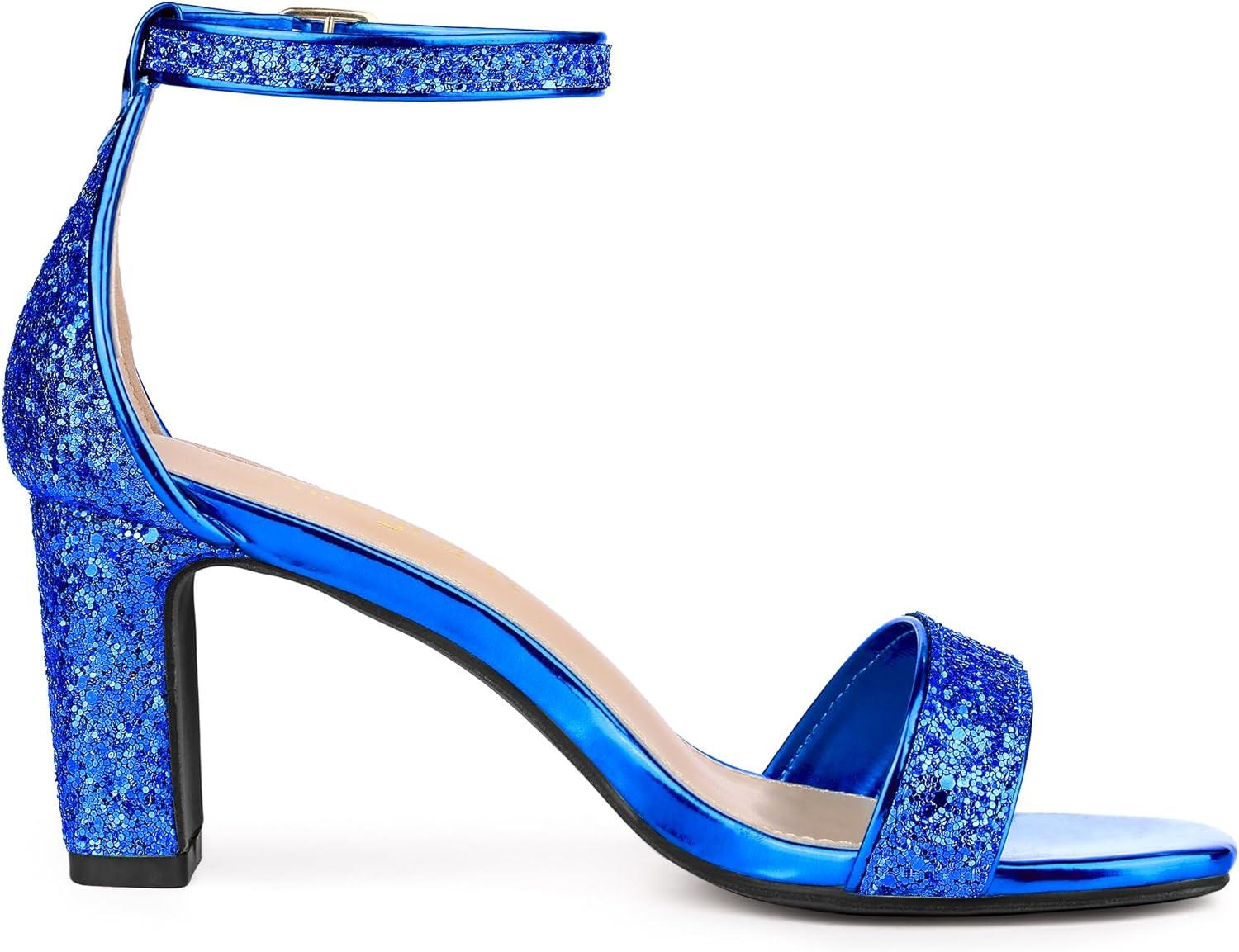 imageAllegra K Womens Glitter Ankle Strap Chunky Heeled SandalsRoyal Blue