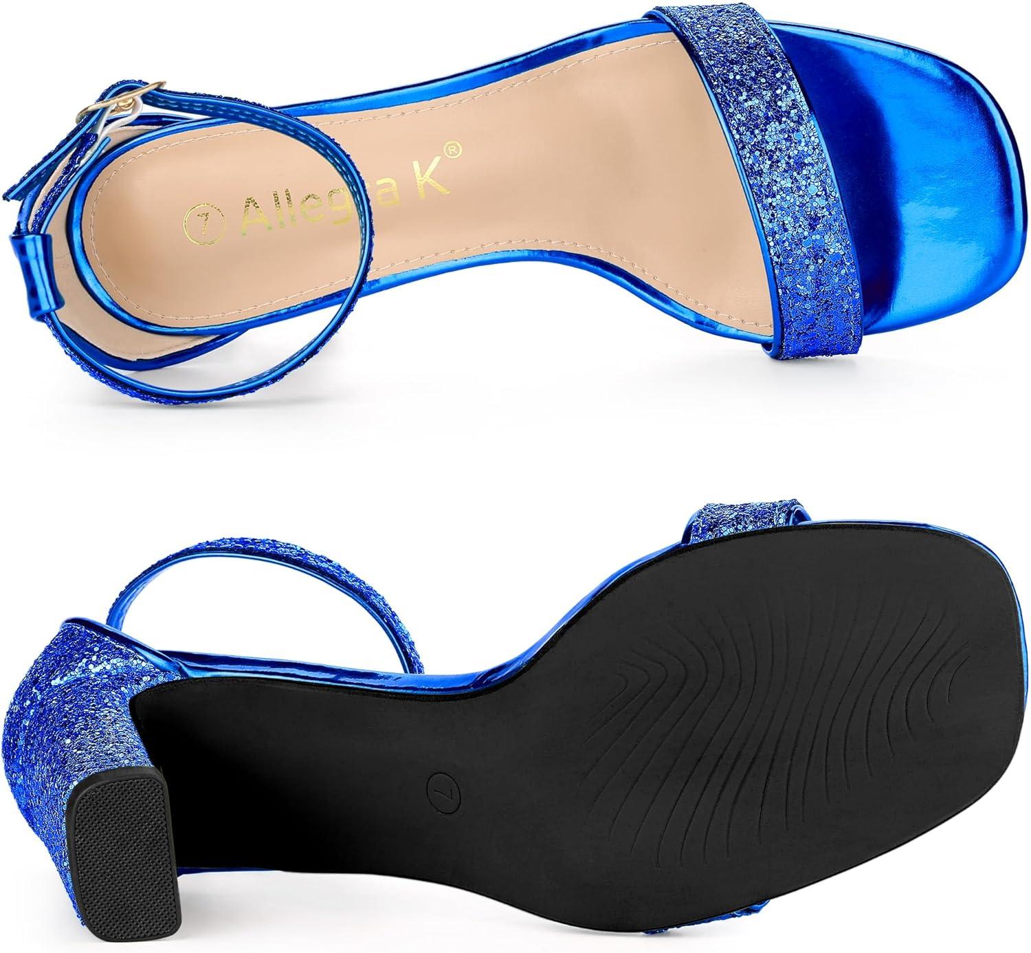 imageAllegra K Womens Glitter Ankle Strap Chunky Heeled SandalsRoyal Blue