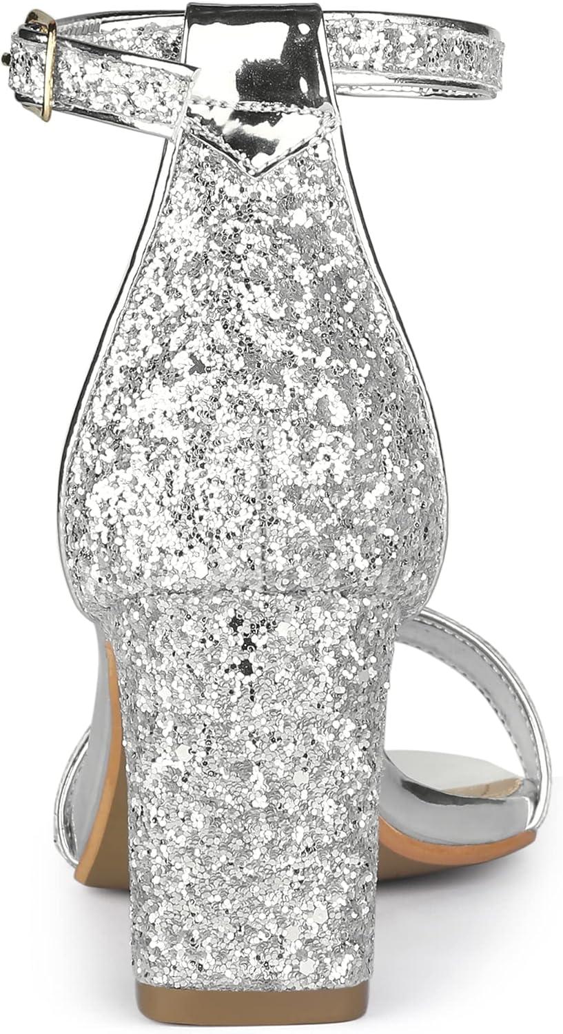 imageAllegra K Womens Glitter Ankle Strap Chunky Heeled SandalsSilver