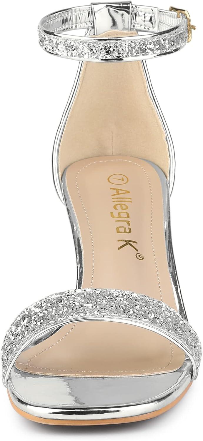imageAllegra K Womens Glitter Ankle Strap Chunky Heeled SandalsSilver
