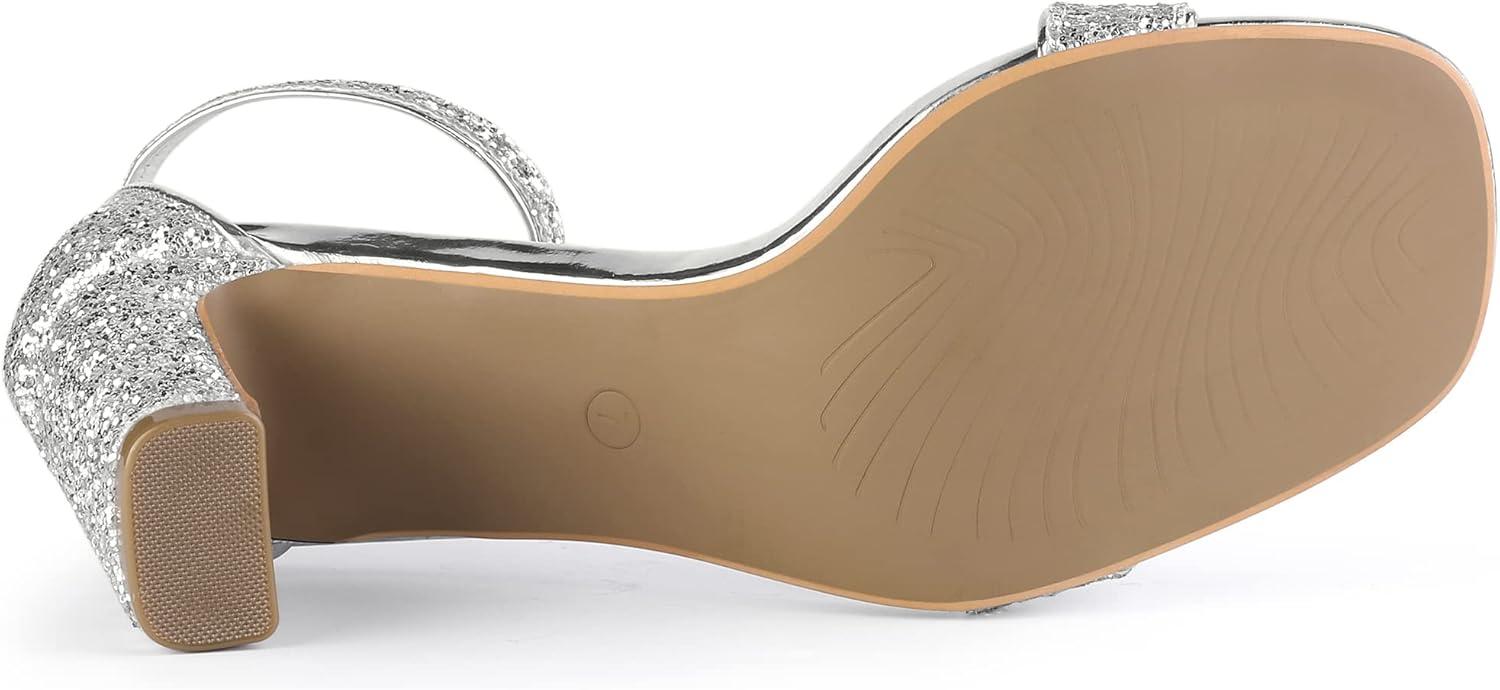 imageAllegra K Womens Glitter Ankle Strap Chunky Heeled SandalsSilver