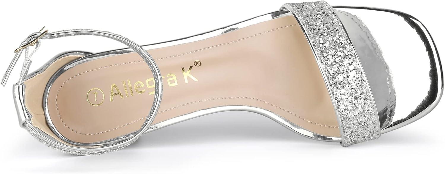 imageAllegra K Womens Glitter Ankle Strap Chunky Heeled SandalsSilver