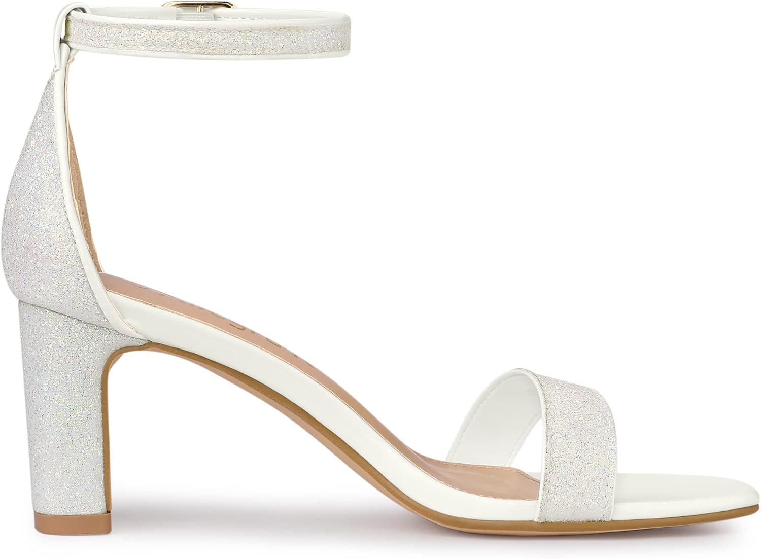 imageAllegra K Womens Glitter Ankle Strap Chunky Heeled SandalsWhite