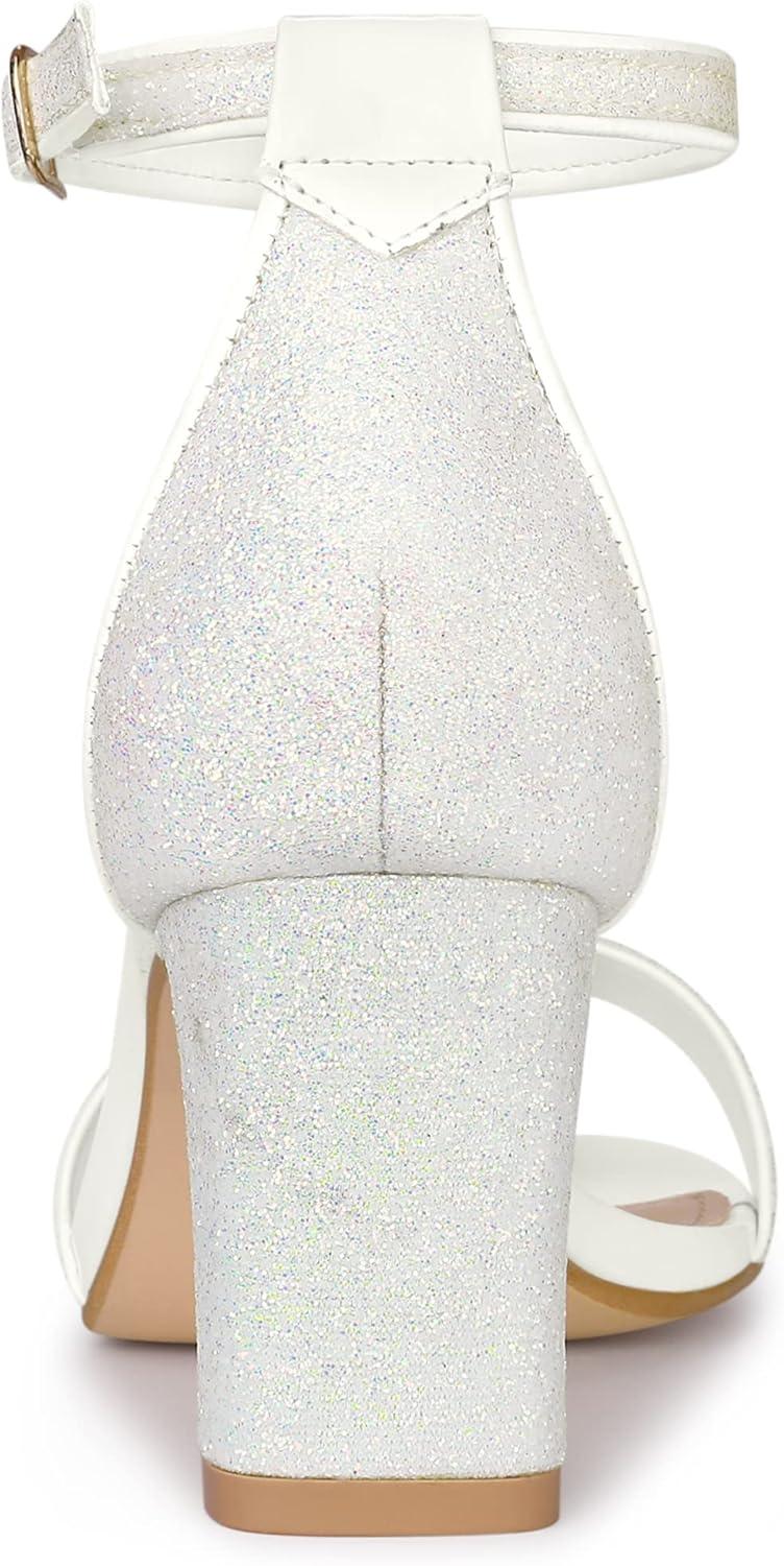 imageAllegra K Womens Glitter Ankle Strap Chunky Heeled SandalsWhite