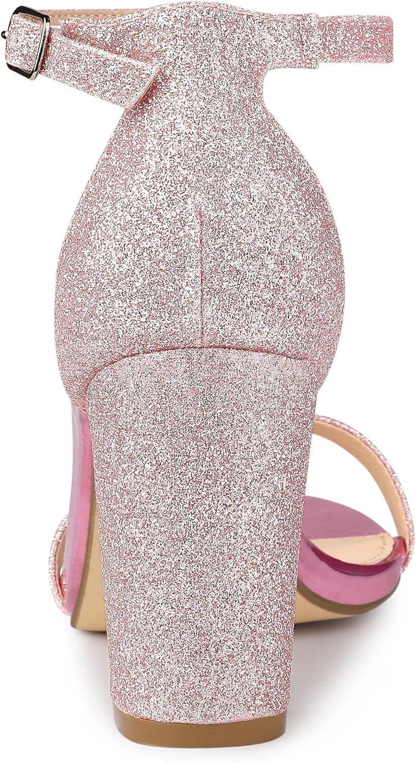 imageAllegra K Womens Glitter Ankle Strap Chunky Heels Pink Sandals 8 M US