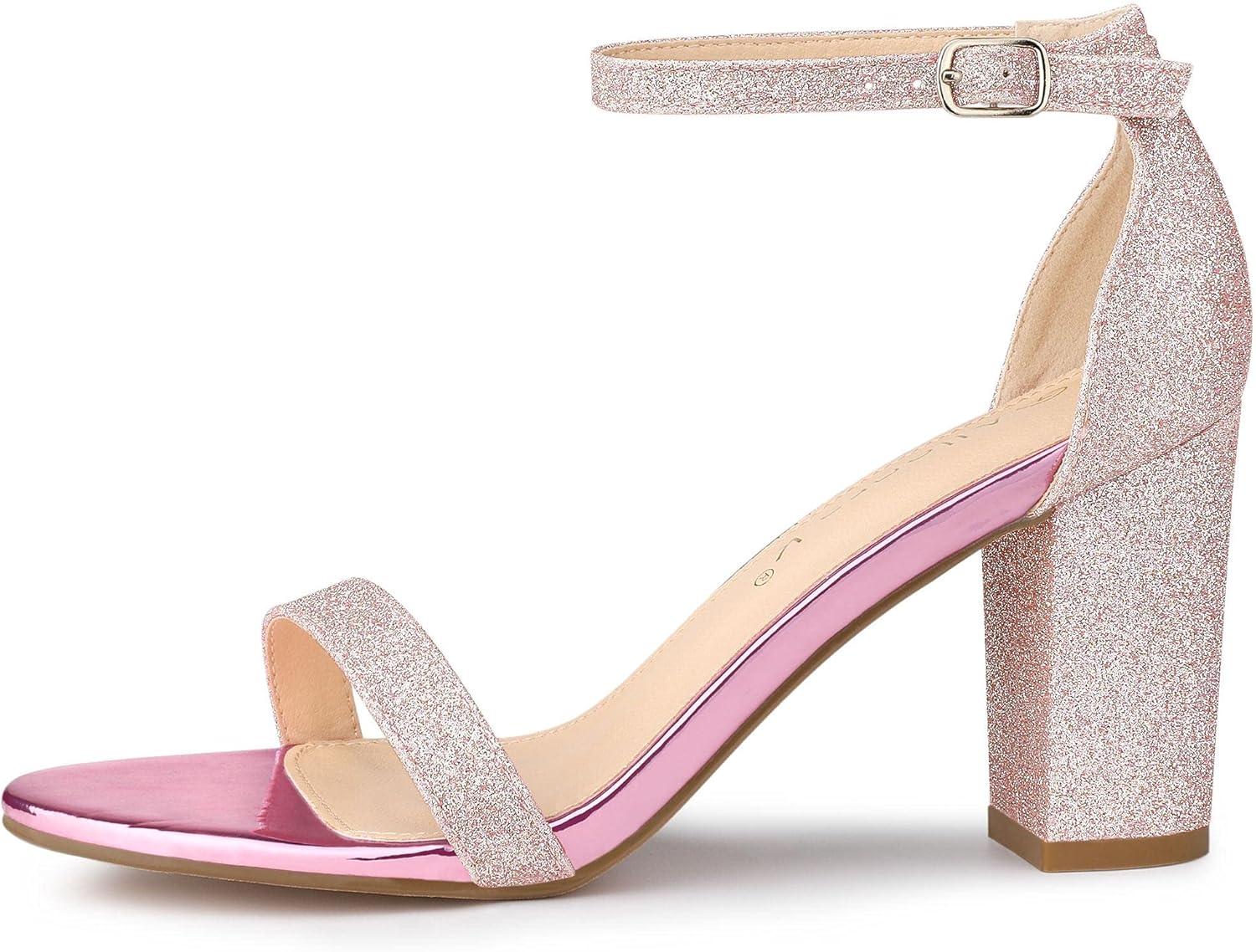 imageAllegra K Womens Glitter Ankle Strap Chunky Heels Pink Sandals 8 M US