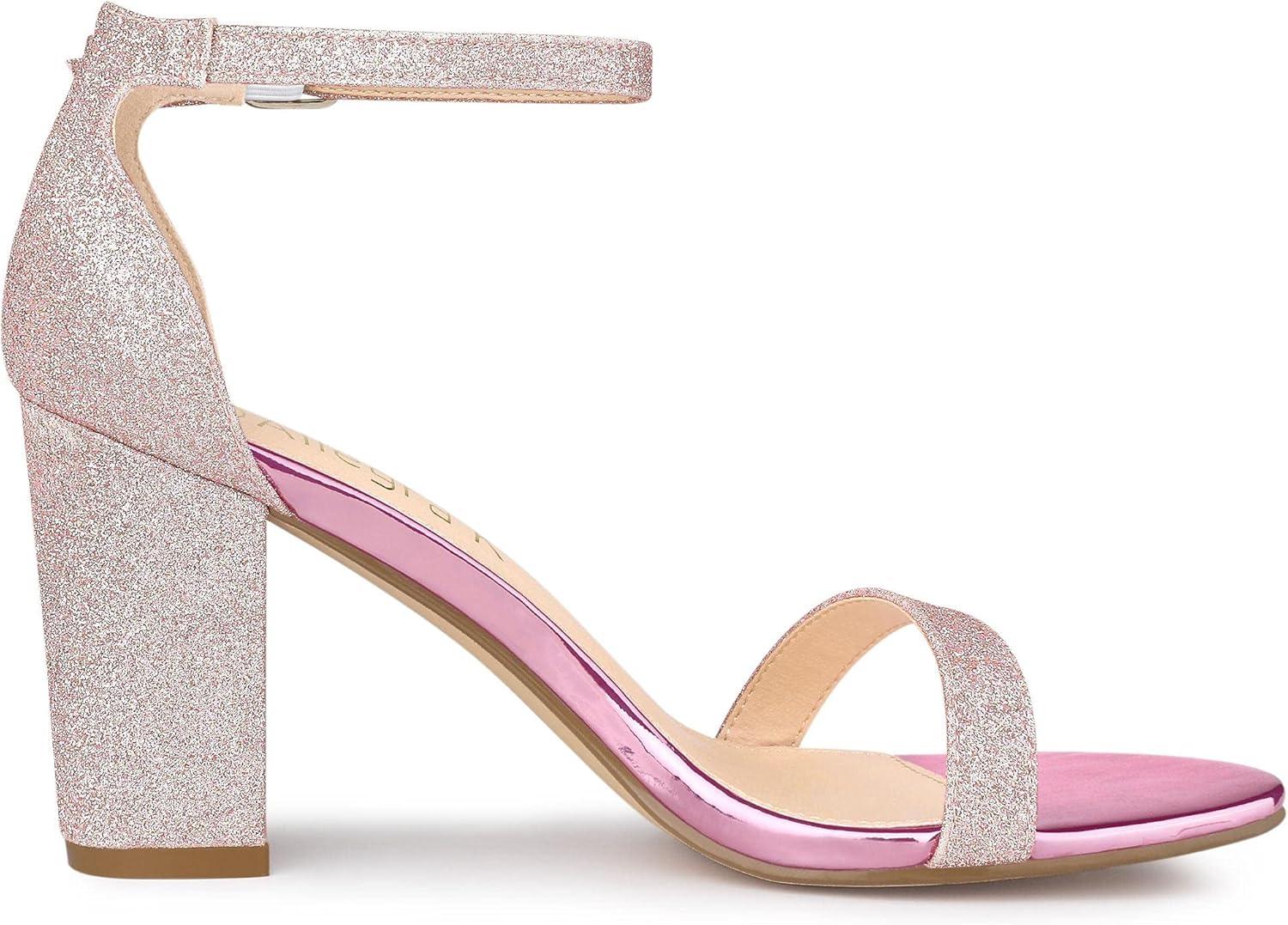 imageAllegra K Womens Glitter Ankle Strap Chunky Heels Pink Sandals 8 M US