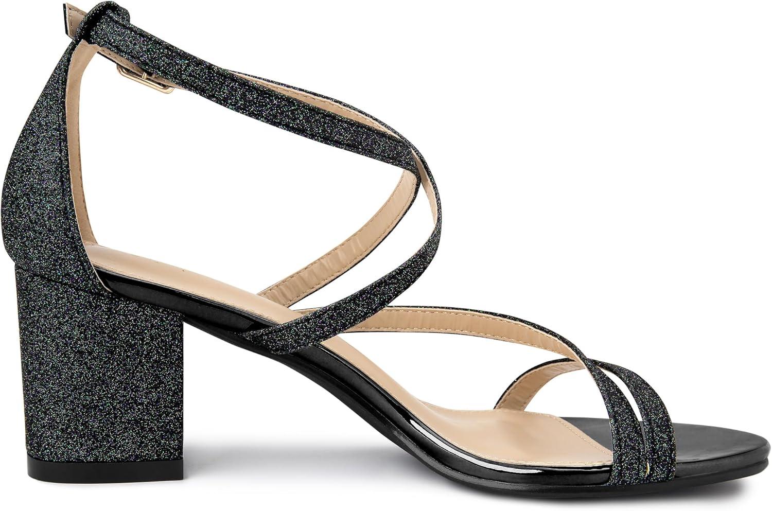 imageAllegra K Womens Glitter Crisscross Strap Chunky Heels SandalsBlack