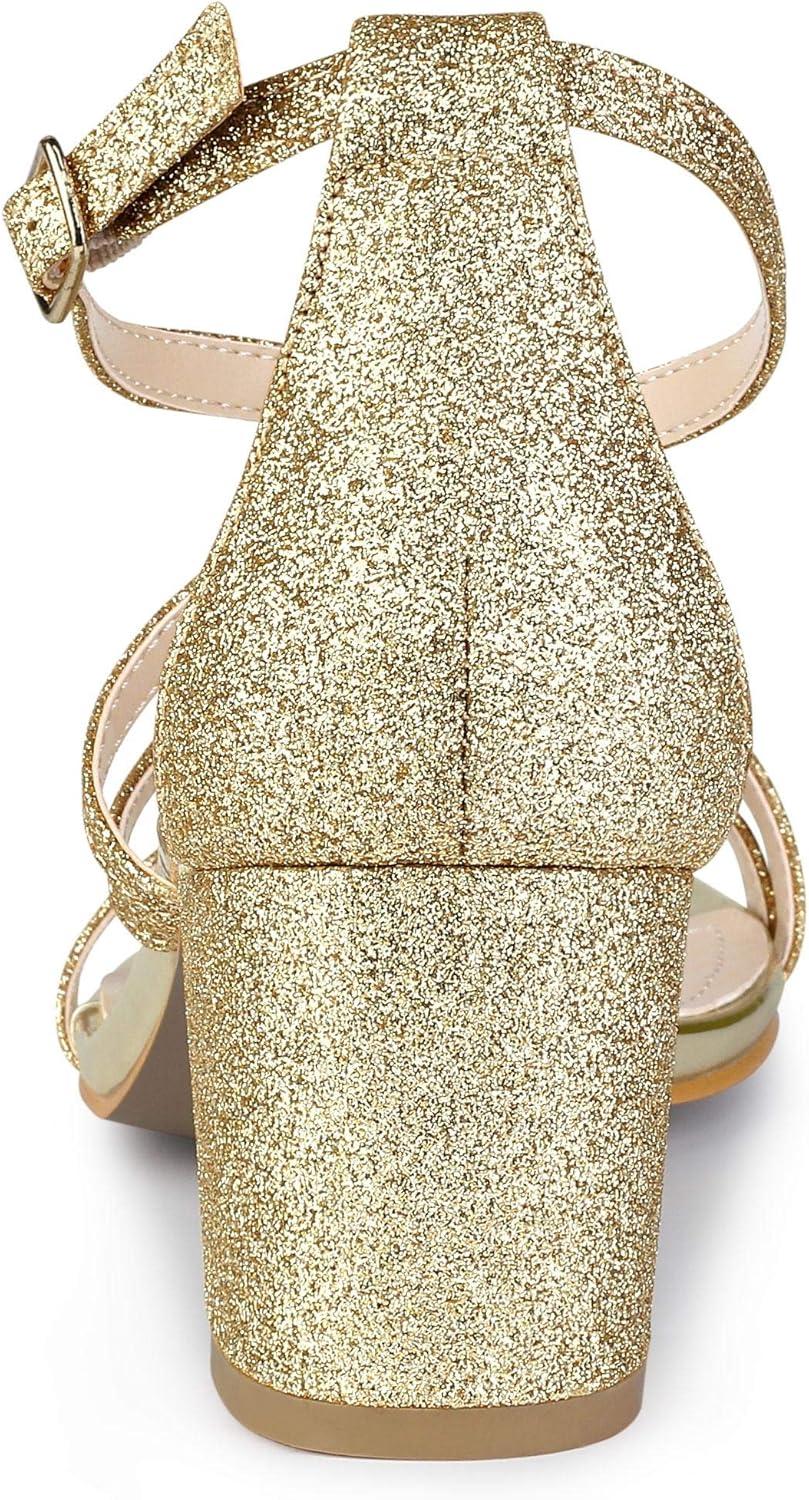 imageAllegra K Womens Glitter Crisscross Strap Chunky Heels SandalsGold