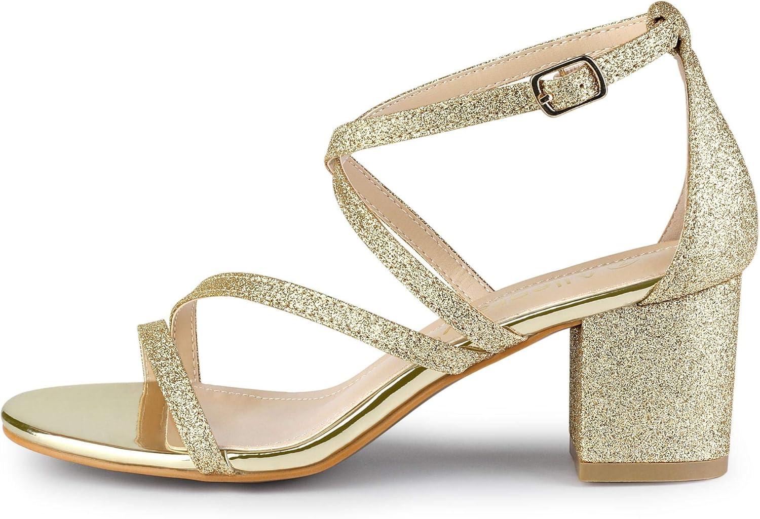 imageAllegra K Womens Glitter Crisscross Strap Chunky Heels SandalsGold