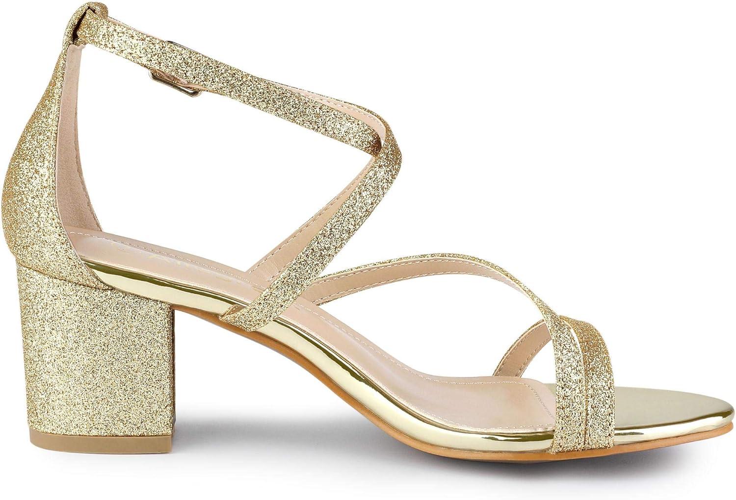 imageAllegra K Womens Glitter Crisscross Strap Chunky Heels SandalsGold