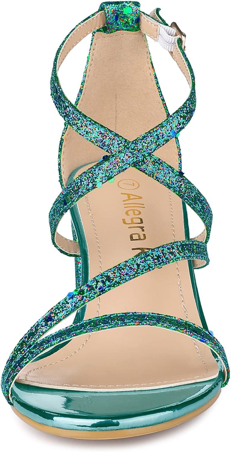 imageAllegra K Womens Glitter Crisscross Strap Chunky Heels SandalsGreen