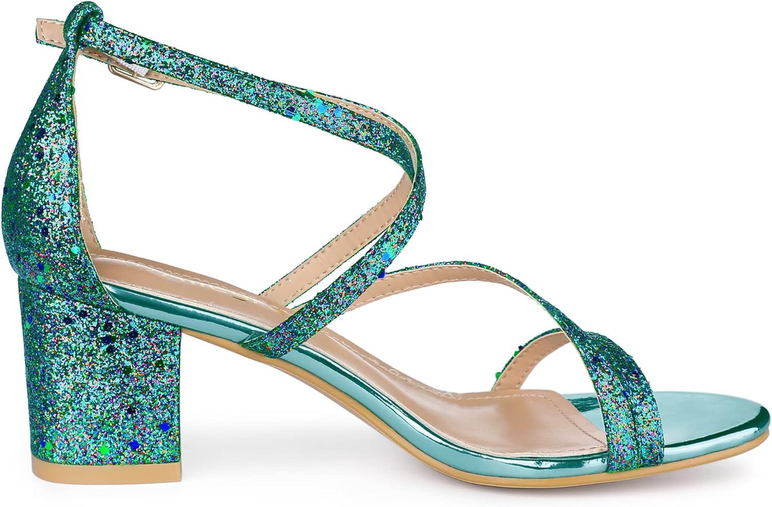 imageAllegra K Womens Glitter Crisscross Strap Chunky Heels SandalsGreen